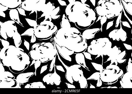 Motif fleuri sans couture sur le fond. Fleurs de printemps noir et blanc dessinées à la main, vectorielles. Printemps été. Nuance de tissu, conception textile, papier d'emballage Banque D'Images