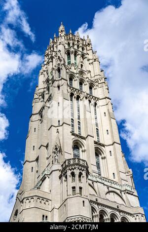 Riverside Church, vue à angle bas de la tour, Morningside Heights, New York City, New York, États-Unis Banque D'Images