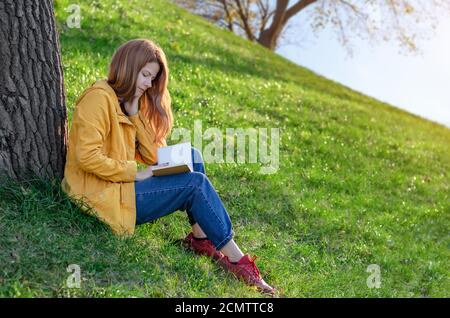 Belle jeune fille lisant un livre assis sur l'herbe verte sous l'arbre dans un parc de printemps ou d'automne Banque D'Images