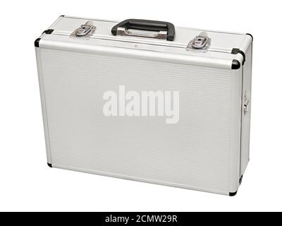 Valise en métal gris isolé sur fond blanc Banque D'Images