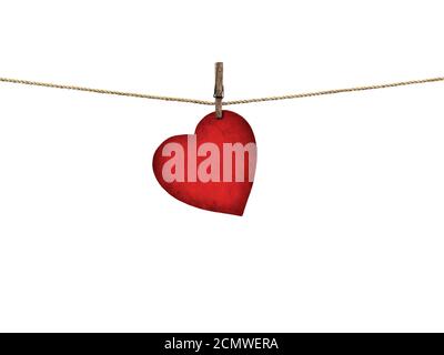 Carte de la Saint-Valentin en forme de coeur du vieux papier rouge suspendu à une corde isolé sur fond blanc Banque D'Images