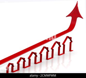 Hausse des prix de l'immobilier. Graphique de croissance rapide avec les contours des maisons. Concept financier Banque D'Images
