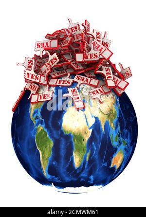 Le monde a été bombardé de critiques positives. Globe et un tas de symboles de commentaires positifs (gestes de la main pouces-vers le haut (comme)) étiquetés le mot OUI. Banque D'Images
