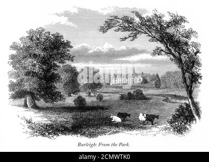 Vintage, English Victorian Engraving, Burleigh Hall from the Park, Leicestershire, Angleterre, 1875 Banque D'Images