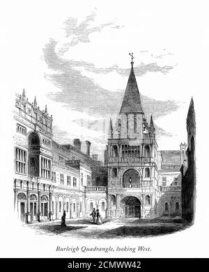 Vintage, English Victorian Engraving, Burleigh Hall, Quadrangle look West, Leicestershire, Angleterre, 1875 Banque D'Images