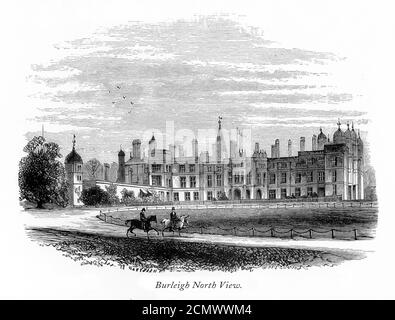 Vintage, English Victorian Engraving, Burleigh Hall, North View, Leicestershire, Angleterre, 1875 Banque D'Images