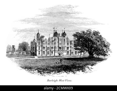 Vintage, English Victorian Engraving, Burleigh Hall, West View, Leicestershire, Angleterre, 1875 Banque D'Images