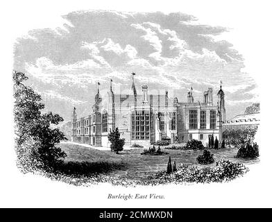 Vintage, English Victorian Engraving, Burleigh Hall, East View, Leicestershire, Angleterre, 1875 Banque D'Images