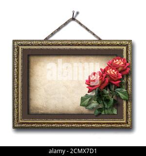 Cadre photo vintage et un bouquet de roses rouges Banque D'Images