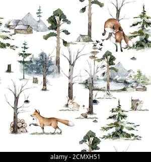 Motif aquarelle sans coutures animaux des bois. Toile de fond avec hibou, hérisson, renard et papillon, oiseau bébé animal, scandinave Banque D'Images
