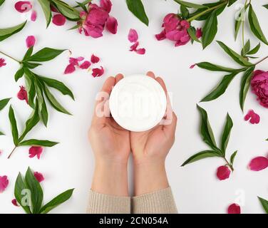 deux mains de femme et un pot avec de la crème épaisse et pivoines à fleurs de bourgogne Banque D'Images