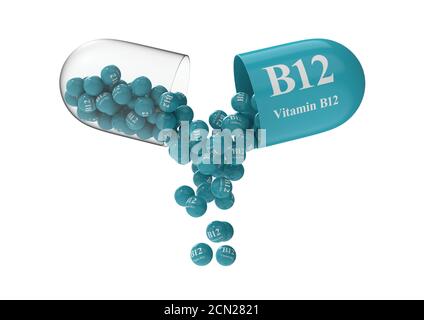 Ouvrir la capsule avec b12 à partir de laquelle la composition en vitamines est versée. Illustration du rendu médical 3D Banque D'Images