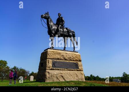 Gettysburg, PA, Etats-Unis - 6 septembre 2020 : le Mémorial du général George Meade dépeint le commandant de l'Union assis sur son cheval, Old Baldy, dans le Gettysbu Banque D'Images