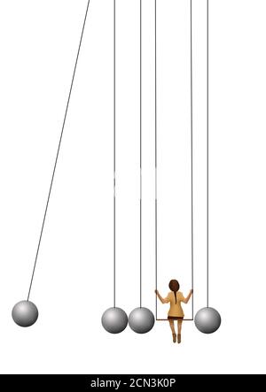 Une fille sur une balançoire fait partie d’un pendule de Newton de balles métalliques. Illustre les préoccupations et les problèmes liés à la jeunesse. Banque D'Images