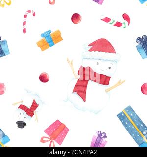 Happy Holidays modèle sans couture avec boîtes cadeaux colorées, bonhomme de neige, canne à sucre et boule de décoration. L'élément de conception peut être utilisé pour le fond d'écran. Banque D'Images