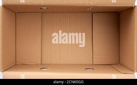 Fond de boîte en carton brun vide ouvert, vue du dessus Banque D'Images
