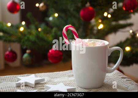 Tasse de café avec Candy Cane in front of Christmas Tree Banque D'Images