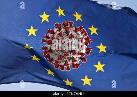 Photo montage, drapeau européen dans le vent avec coronvirus, pandémie dans l'Union européenne Banque D'Images