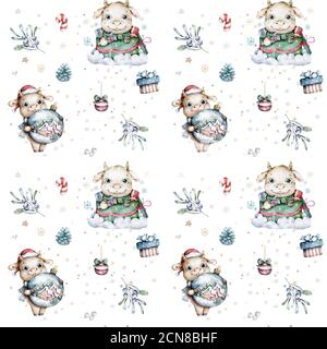 Joli motif sans couture motif en forme de crachoir en chapeau de père Noël avec jouet. Illustration de noël aquarelle dessinée à la main. Clip art pour pépinière Banque D'Images