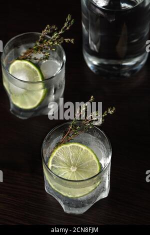 Gin Tonic avec une tranche de lime et branches de thym Banque D'Images