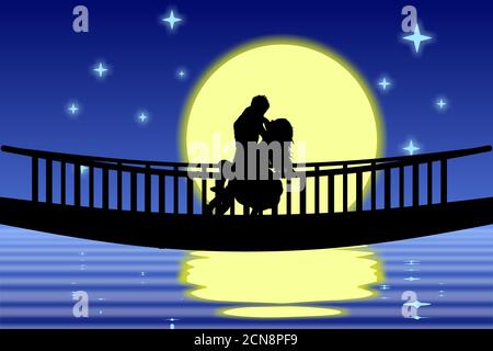 Une belle illustration d'un couple dans une posture romantique sur un pont dans la scène de clair de lune. Banque D'Images