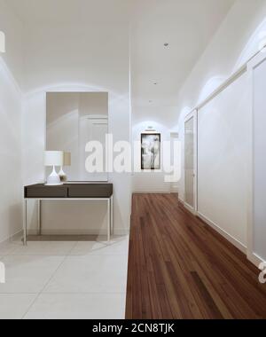 Couloir de style moderne blanc avec console avec miroir et parquet et carrelage. 3d rendu Banque D'Images