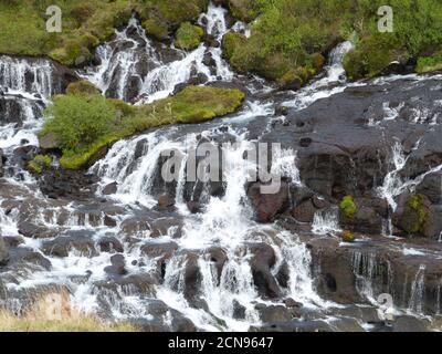 Cascade Hraunfossar en Islande. De superbes chutes blanches incountable s'écoulées en cascade sur la falaise de lave. Les cascades de Hraunfossar descendent jusqu'à Hvita Banque D'Images