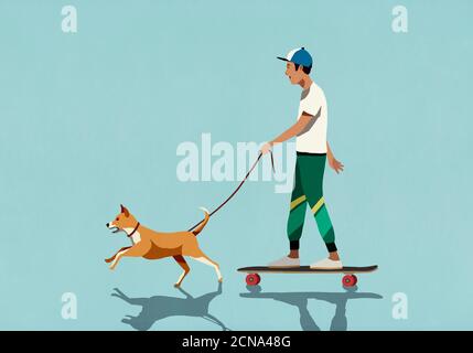 Chien sur la laisse tirant garçon de skate de planche Banque D'Images