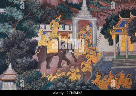 Bangkok, Thaïlande, 27 décembre 2018. Peintures murales d'un éléphant de combat du Temple du Bouddha d'Émeraude. Banque D'Images