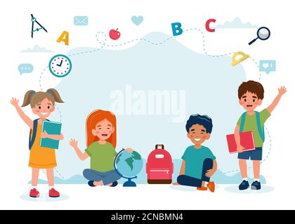 Enfants heureux en classe, concept de rentrée, personnages mignons. Illustration dans un style plat Banque D'Images