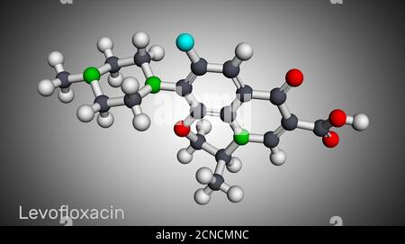 Lévofloxacine, molécule antibiotique de fluoroquinolone. Il est utilisé pour traiter la sinusite bactérienne, la pneumonie. Modèle moléculaire. Rendu 3D Banque D'Images