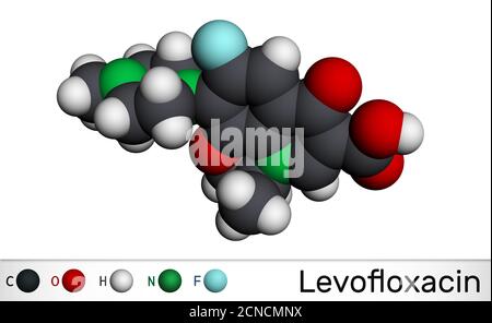 Lévofloxacine, molécule antibiotique de fluoroquinolone. Il est utilisé pour traiter la sinusite bactérienne, la pneumonie. Modèle moléculaire. Rendu 3D Banque D'Images
