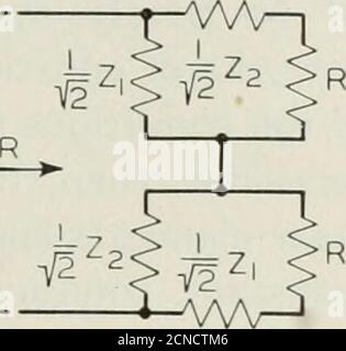 . Le journal technique de Bell System . Figure 2—la première étape dans l'extension des formes fondamentales des réseaux de constante. Ont une résistance constante si Z1Z2 = E}. Les réseaux ont désormais pris la forme de deux filtres demi-section en parallèle ou en série, à condition que ZI et Z2 soient purement réactives. Cela suggère la possibilité d'une extension à des configurations plus compliquées havingles propriétés générales des filtres à onde avec résistance constante. Les types shunt et série de Sincethe sont analytiquement les mêmes, seul le formersera considéré en détail. L'utilisation sera faite des éléments suivants Banque D'Images