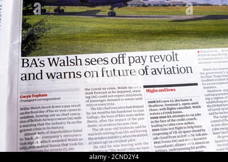 « le Dr Walsh de BA voit la révolte des salaires et met en garde contre l'avenir Du journal Guardian de l'aviation titre à l'intérieur de la page article 9 septembre 2020 Londres Royaume-Uni Banque D'Images