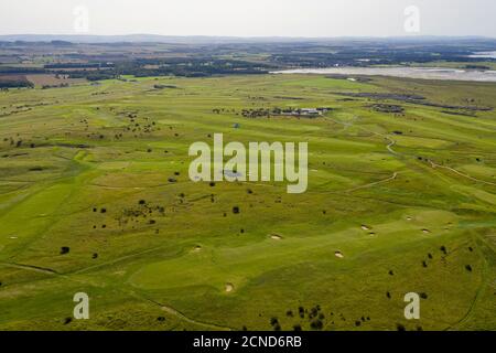 Vue aérienne des parcours de golf de Gullane, Gullane 1 et 2, Gullane Hill, East Lothian, Écosse. Banque D'Images