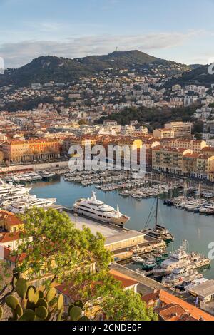 Vue depuis un point de vue sur la colline du château jusqu'à Port Lympia, Nice, Alpes Maritimes, Côte d'Azur, Côte d'Azur, Provence, France, Méditerranée, Europe Banque D'Images