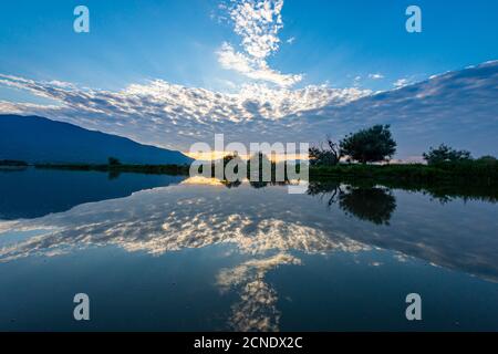 Lever de soleil sur le lac Kerkini, Macédoine, Grèce, Europe Banque D'Images