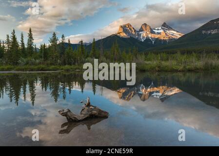 Three Sisters se lève au ruisseau Policeman, Canmore, Alberta, Rocheuses canadiennes, Canada Banque D'Images