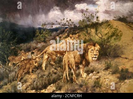 Vasstagh Geza - une famille de Lions - Ecole hongroise - 19e siècle Banque D'Images