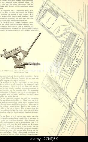 . Le journal de chemin de fer de rue . e compagnie a construit deux tours carsdu type illustré à la Fig. 21. Ces voitures ont une longueur de 18 pieds et sont montées sur des chariots simples équipés de deux moteurs Lorain et de contrôleurs K-10. La tour est de la construction ordinaire. Les échelles sont transportées sur les côtés de la voiture, comme illustré. Figure 22 montre comment cette voiture est utilisée dans le fil de chariot sous tension de traction, le rabatteur est monté sur une voiture plate qui est poussée devant la remorque. Figure 19 montre une voiture à moteur de 19 pieds de jauge étroite qui a été conçue à l'origine comme une épave, mais est maintenant utilisé dans les yards pour la commutation. La société Banque D'Images