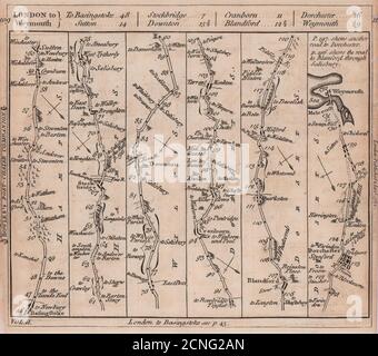 Carte de la piste Basingstoke-Cranborne-Dorchester-Weymouth. BOWLES 1782 vieux Banque D'Images