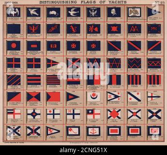 DRAPEAUX DE YACHT. Bleu et blanc. Bleu et rouge. Vieux imprimé bleu, blanc et rouge 1908 Banque D'Images