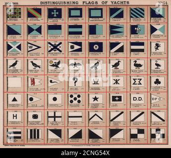 DRAPEAUX DE YACHT. Bleu et turquoise. Noir et blanc. Oiseaux 1908 vieux imprimé antique Banque D'Images