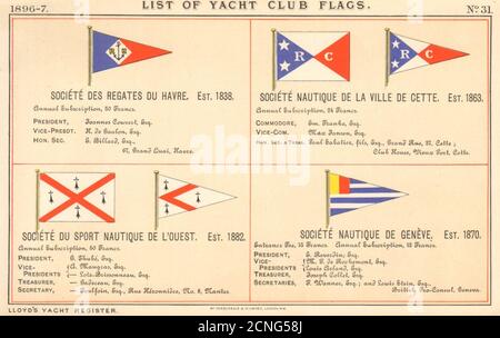 DRAPEAUX DU YACHT ET DU CLUB DE VOILE. Société nautique cette l'Ouest Genève du Havre 1896 Banque D'Images