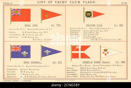 LES DRAPEAUX DU CLUB DE YACHT et DE VOILE Royal Cork Cruising Club Cornwall Kongelig Dansk 1896 Banque D'Images
