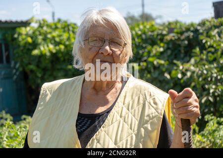 vieille dame dans l'arrière-cour, femme âgée dans son jardin, grand-mère souriant Banque D'Images