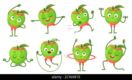 Dessin animé Apple personnage fitness, faire de la gymnastique. Fruit courir, faire des exercices avec des haltères, méditer Illustration de Vecteur