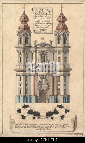 Église baroque Fa&#xe7;Ade avec des tours placées de manière oblique., ca. 1760-70. Banque D'Images