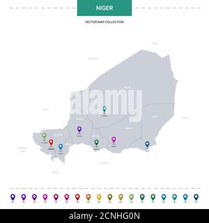 Carte du Niger avec repères de localisation. Modèle vectoriel d'infographie, isolé sur fond blanc. Illustration de Vecteur