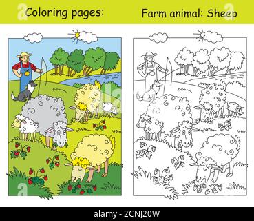 Coloriage de pages avec de mignons moutons qui se meut sur la prairie et berger avec son chien. Illustration vectorielle de dessin animé. Couleur et image colorée de mouton. Stock i Illustration de Vecteur